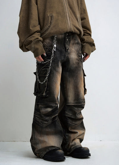 【People Style】Distressed random wash wide flare denim cargo pants  PS0053