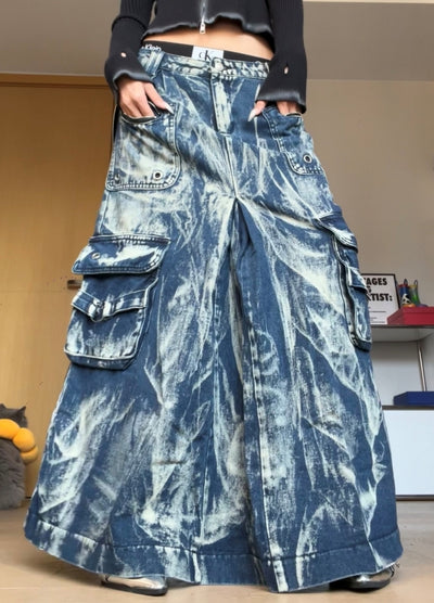 【ROY11】Denim design gimmick silhouette hakama style wide skirt pants  RY0025