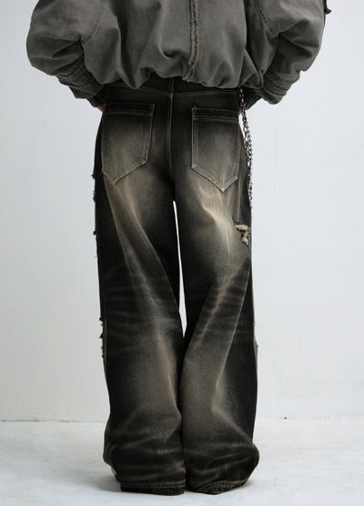 【People Style】Random wash and distressed wide denim pants  PS0056