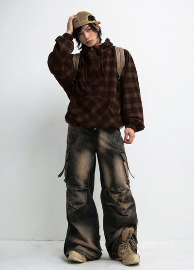 【People Style】Distressed random wash wide flare denim cargo pants  PS0053