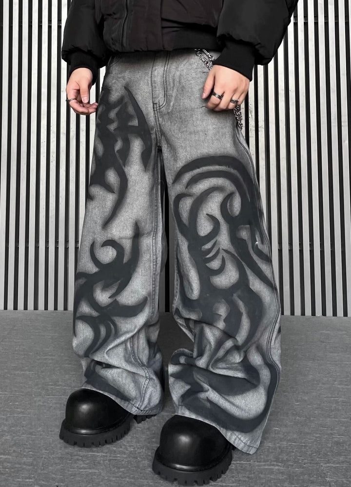 【DARKFOG】Flame fiber design painted denim pants  DF0043