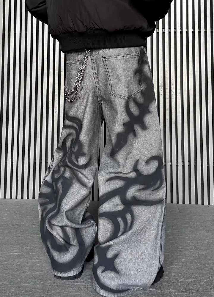 【DARKFOG】Flame fiber design painted denim pants  DF0043