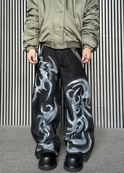 【DARKFOG】Flame fiber design painted denim pants  DF0043