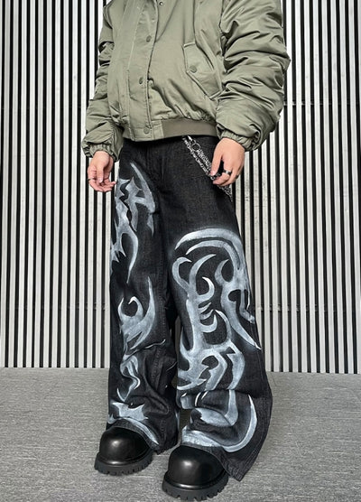 【DARKFOG】Flame fiber design painted denim pants  DF0043