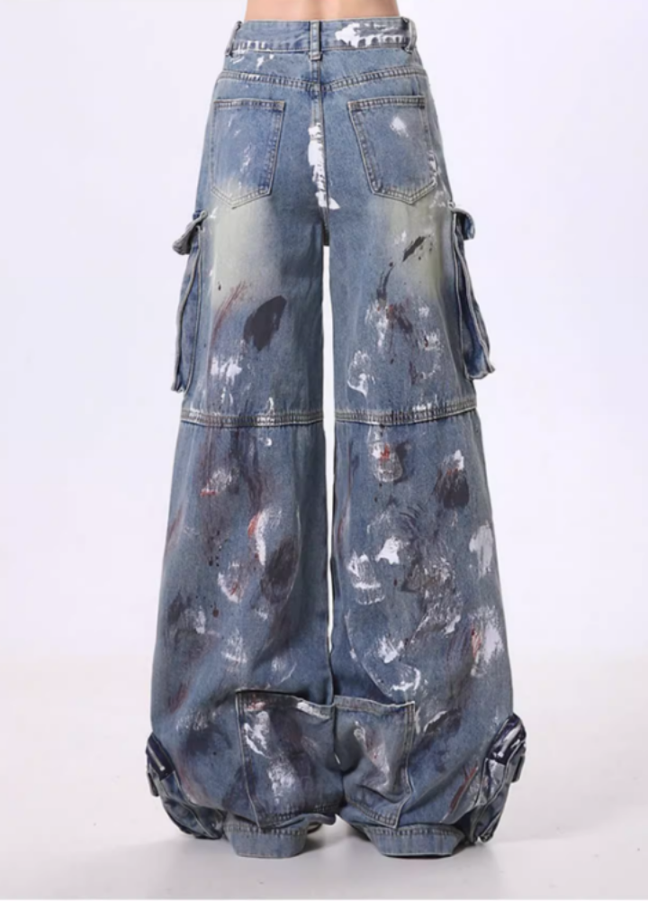 【Rayohopp】Painted Full Metal Coating Denim Cargo Pants  RH0132