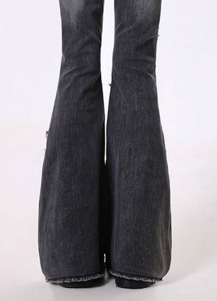 【Rayohopp】Fringe line design washed flare denim pants  RH0136