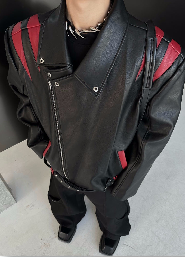 【MARTHENAUT】Red and black color basic leather style jacket  MH0065