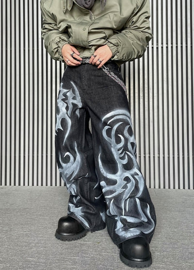 【DARKFOG】Flame fiber design painted denim pants  DF0043