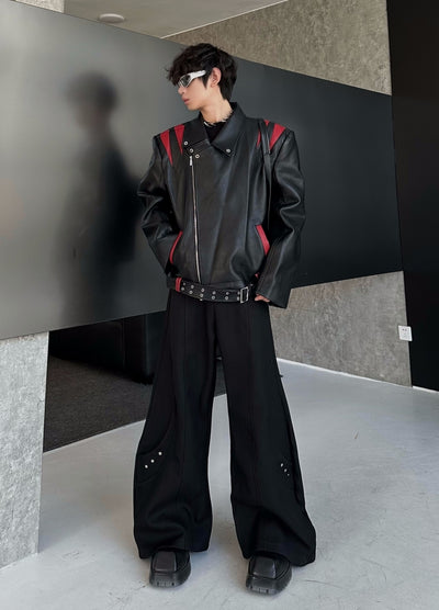 【MARTHENAUT】Red and black color basic leather style jacket  MH0065