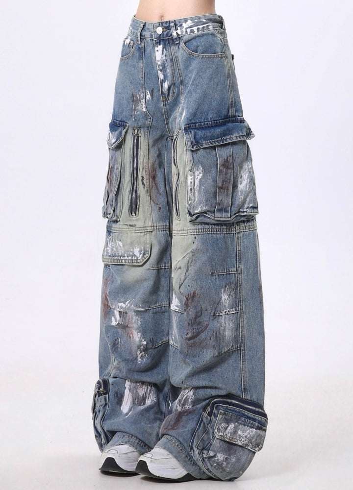 【Rayohopp】Painted Full Metal Coating Denim Cargo Pants  RH0132