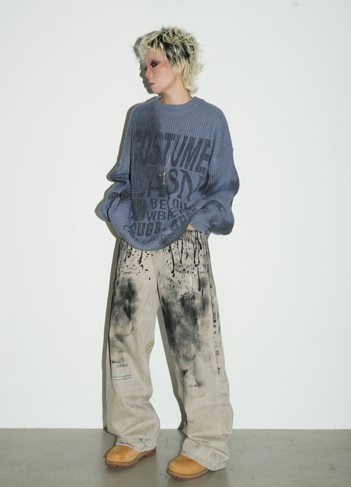 【MICHINNYON】Vintage dirt paint double wide denim pants  MY0030