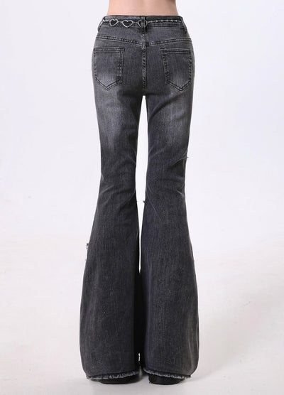 【Rayohopp】Fringe line design washed flare denim pants  RH0136