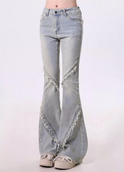 【Rayohopp】Fringe line design washed flare denim pants  RH0136