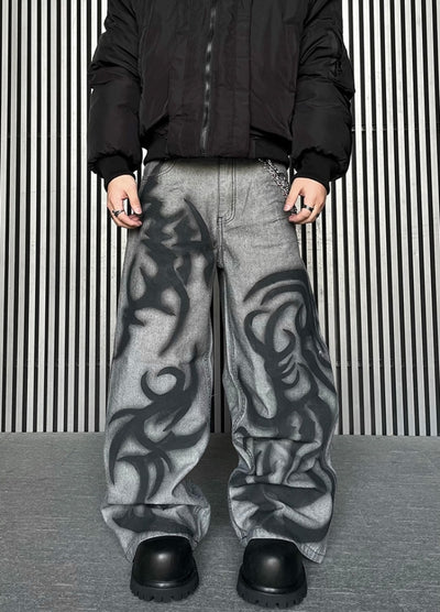 【DARKFOG】Flame fiber design painted denim pants  DF0043