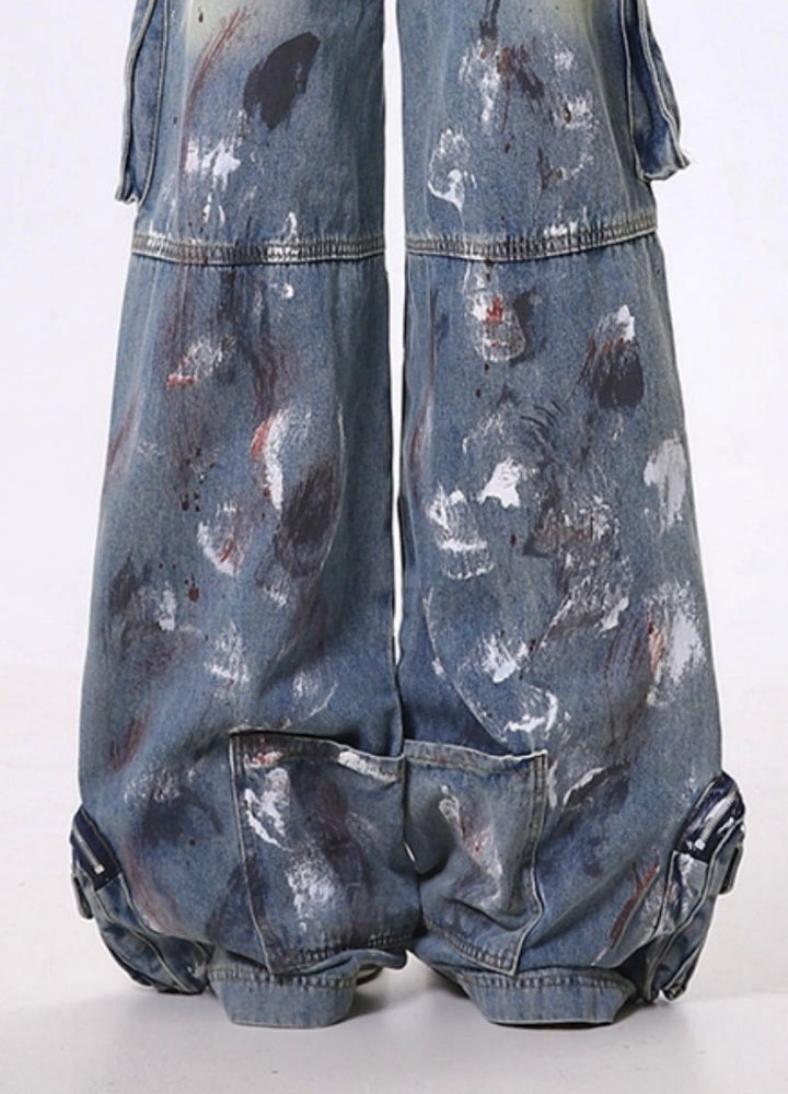 【Rayohopp】Painted Full Metal Coating Denim Cargo Pants  RH0132