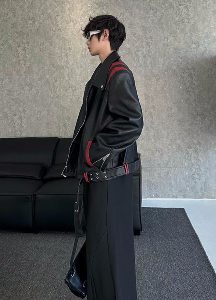 【MARTHENAUT】Red and black color basic leather style jacket  MH0065