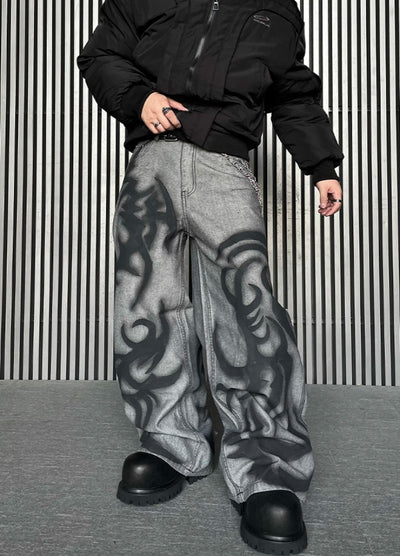 【DARKFOG】Flame fiber design painted denim pants  DF0043