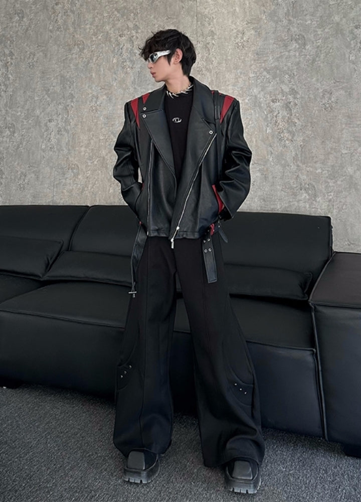 【MARTHENAUT】Red and black color basic leather style jacket  MH0065