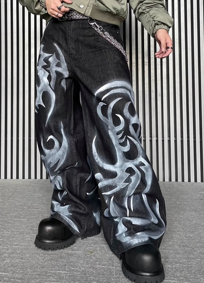 【DARKFOG】Flame fiber design painted denim pants  DF0043