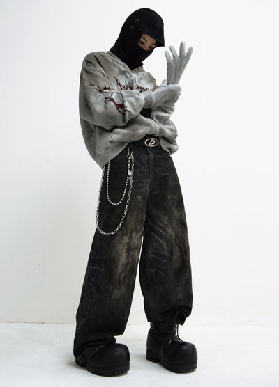 【People Style】Crushed wash dark style wide denim pants  PS0052