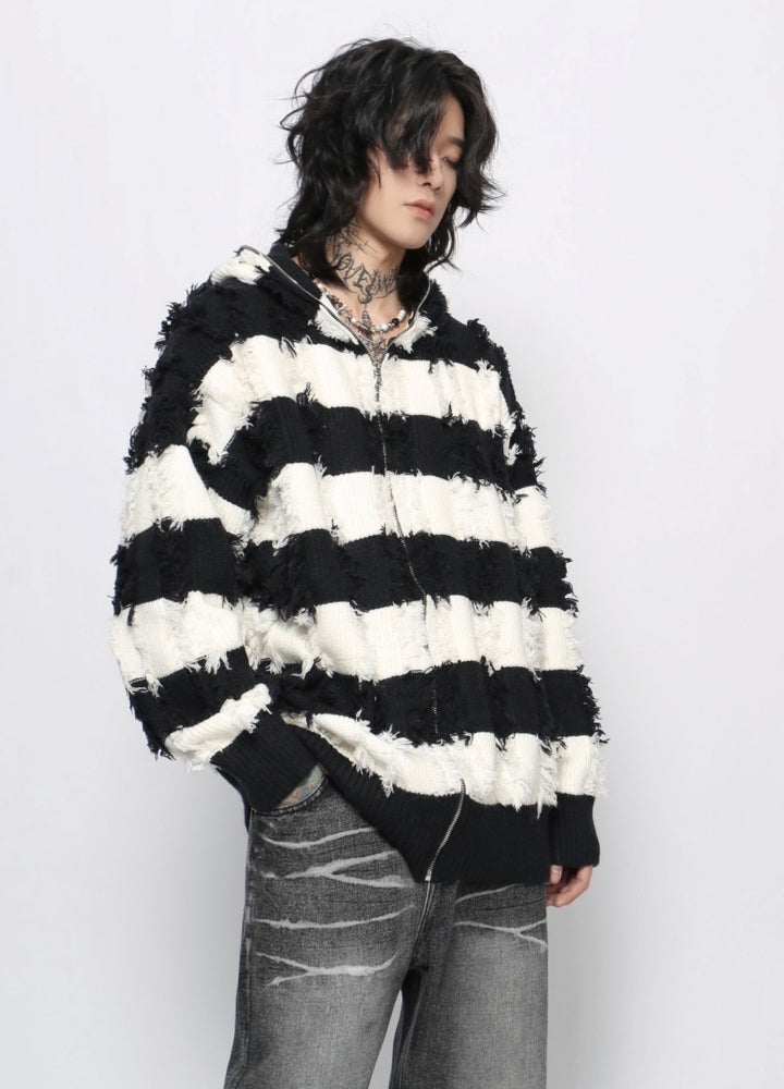 【Mz】Border monotone color simple full zip hoodie knit  MZ0061