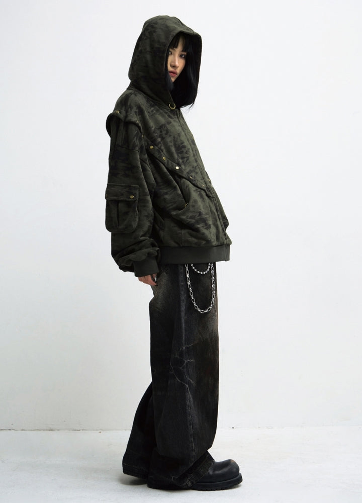 【People Style】Crushed wash dark style wide denim pants  PS0052