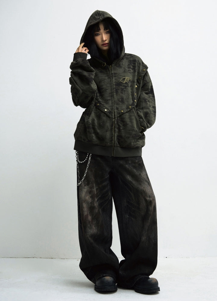 【People Style】Crushed wash dark style wide denim pants  PS0052