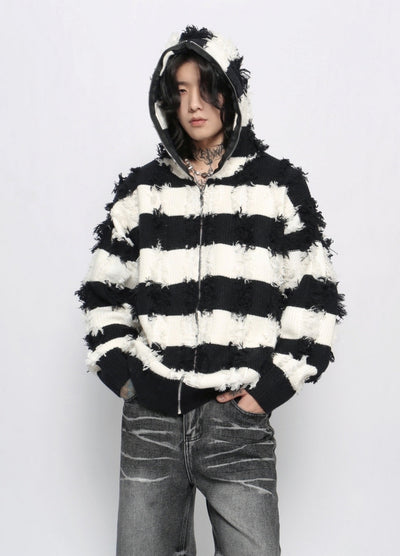 【Mz】Border monotone color simple full zip hoodie knit  MZ0061