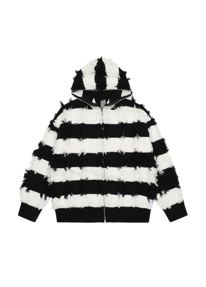 【Mz】Border monotone color simple full zip hoodie knit  MZ0061