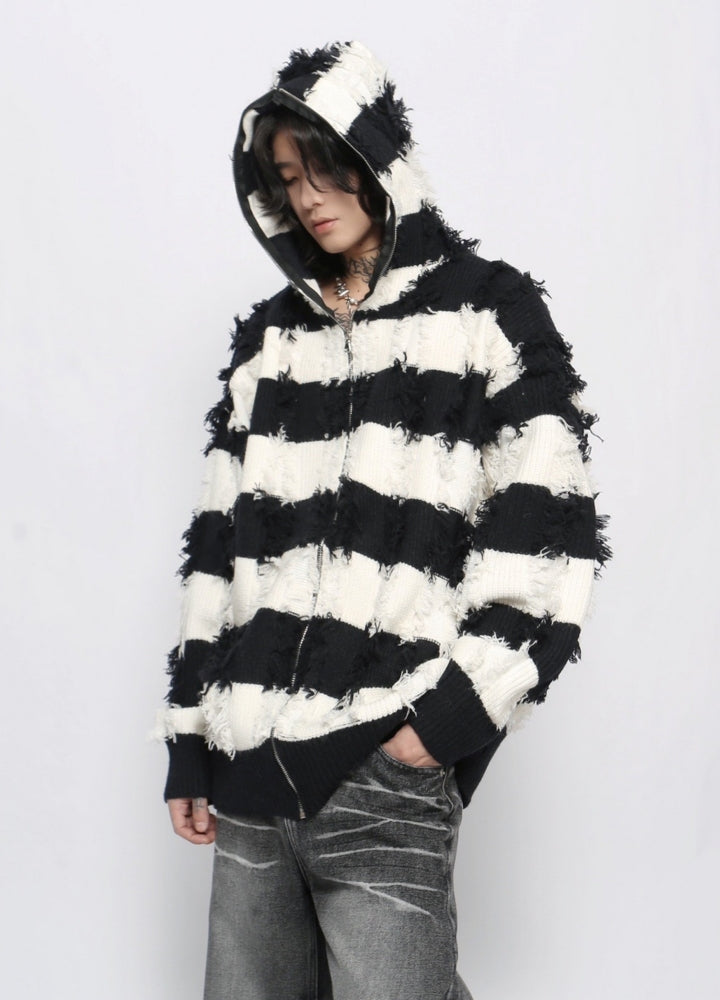 【Mz】Border monotone color simple full zip hoodie knit  MZ0061