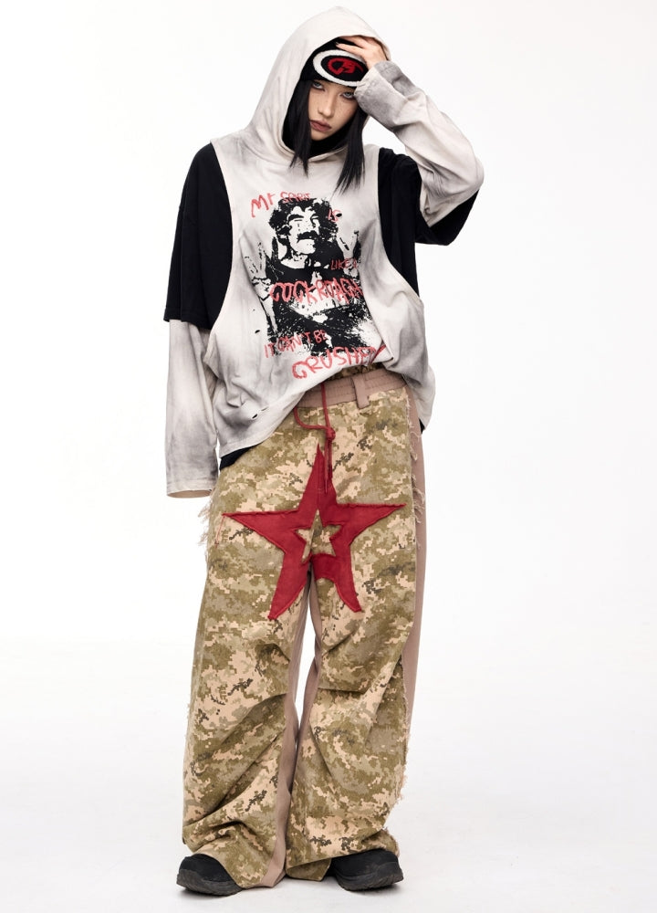 【People Style】Camouflage front big star red wide design pants  PS0060