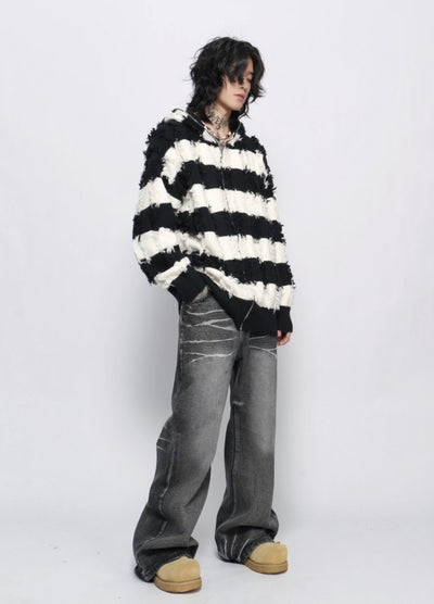 【Mz】Border monotone color simple full zip hoodie knit  MZ0061