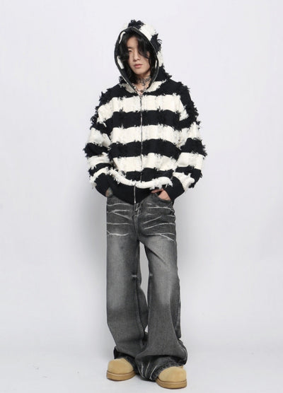 【Mz】Border monotone color simple full zip hoodie knit  MZ0061