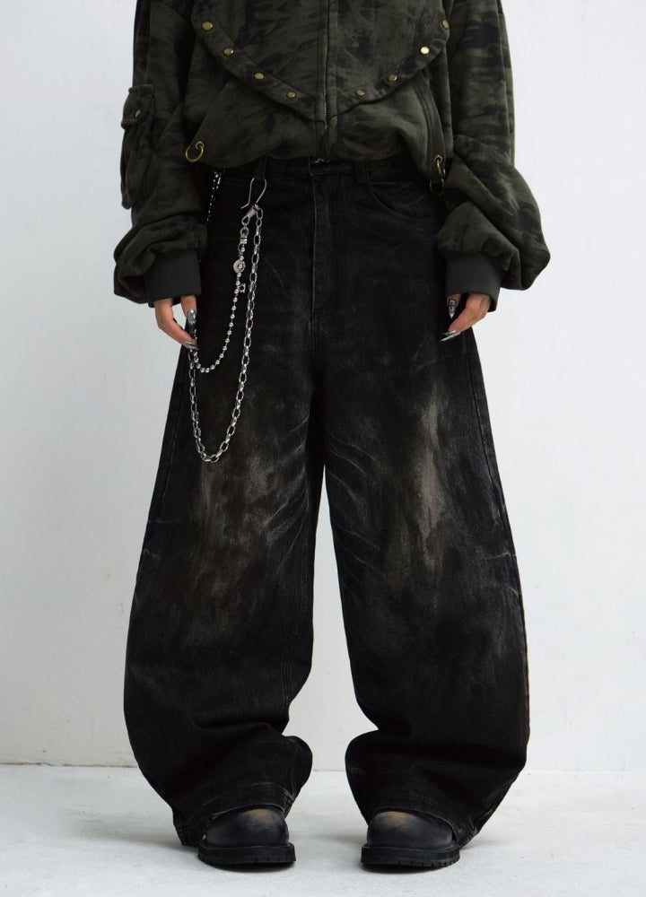 【People Style】Crushed wash dark style wide denim pants  PS0052