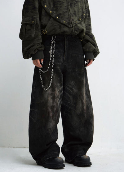 【People Style】Crushed wash dark style wide denim pants  PS0052