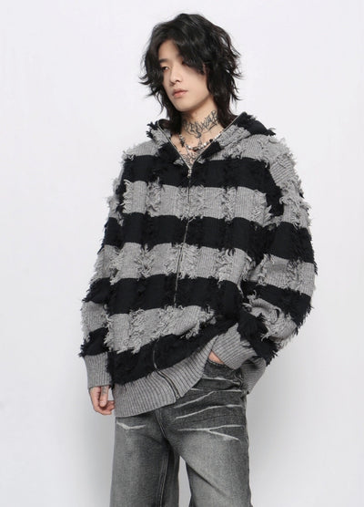 【Mz】Border monotone color simple full zip hoodie knit  MZ0061