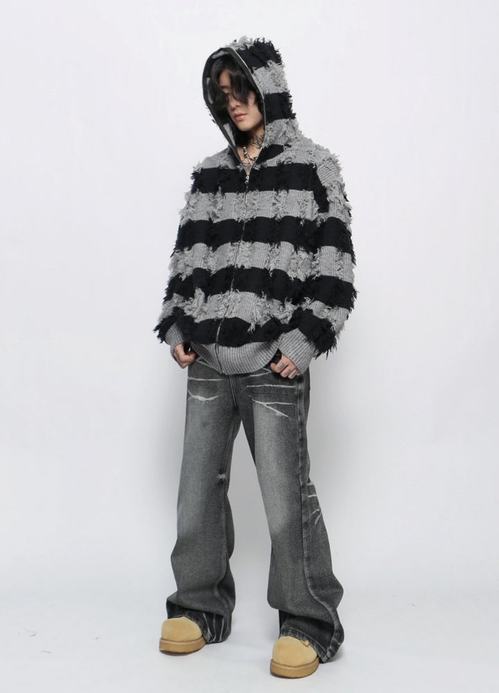 【Mz】Border monotone color simple full zip hoodie knit  MZ0061