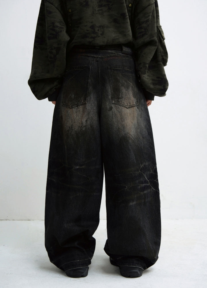 【People Style】Crushed wash dark style wide denim pants  PS0052