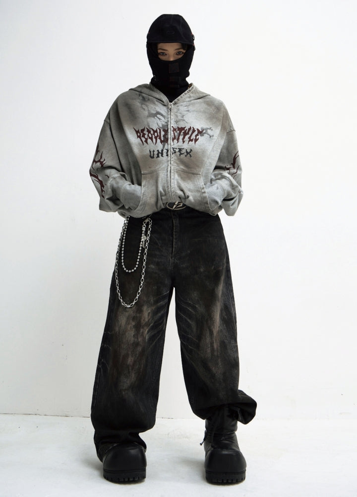 【People Style】Crushed wash dark style wide denim pants  PS0052