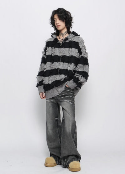 【Mz】Border monotone color simple full zip hoodie knit  MZ0061