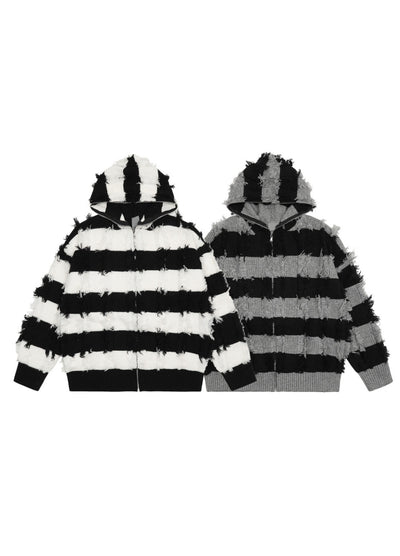 【Mz】Border monotone color simple full zip hoodie knit  MZ0061