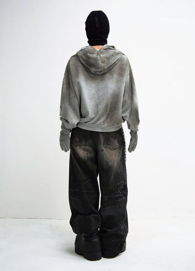 【People Style】Crushed wash dark style wide denim pants  PS0052