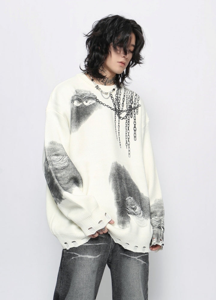 【Mz】Dark chain side design distressed knit sweater  MZ0052