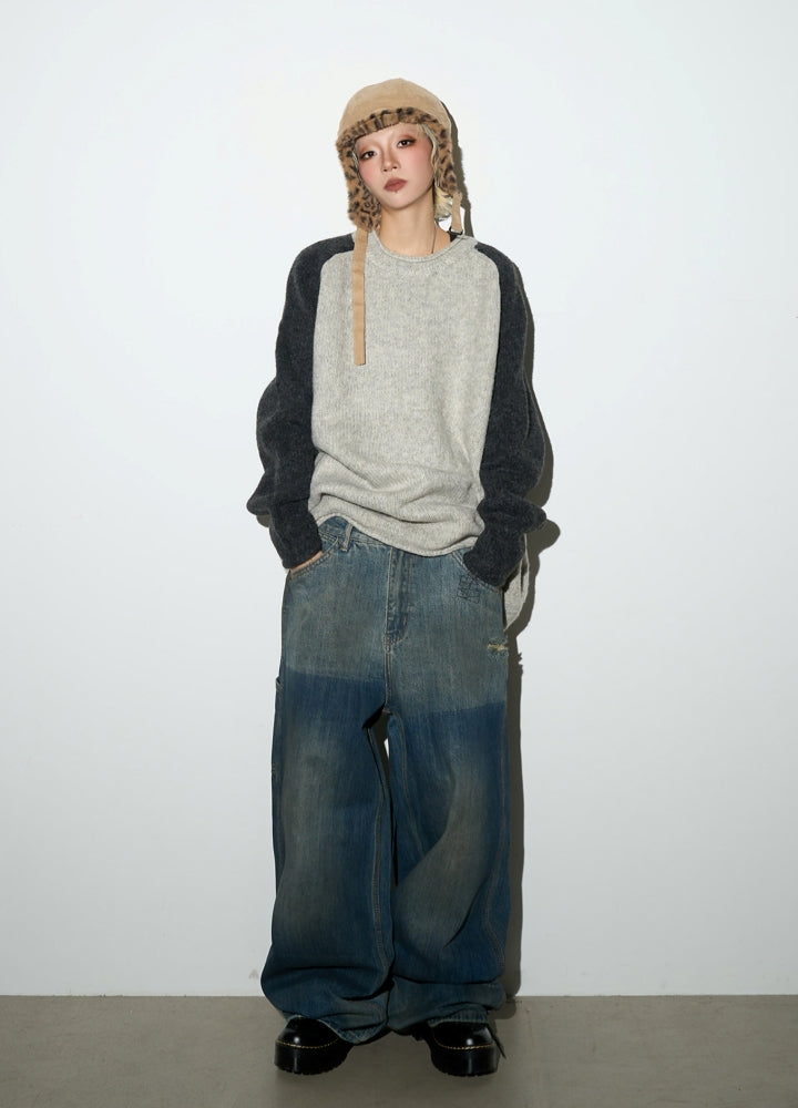 【MICHINNYON】Double base color dull wide silhouette denim pants  MY0027