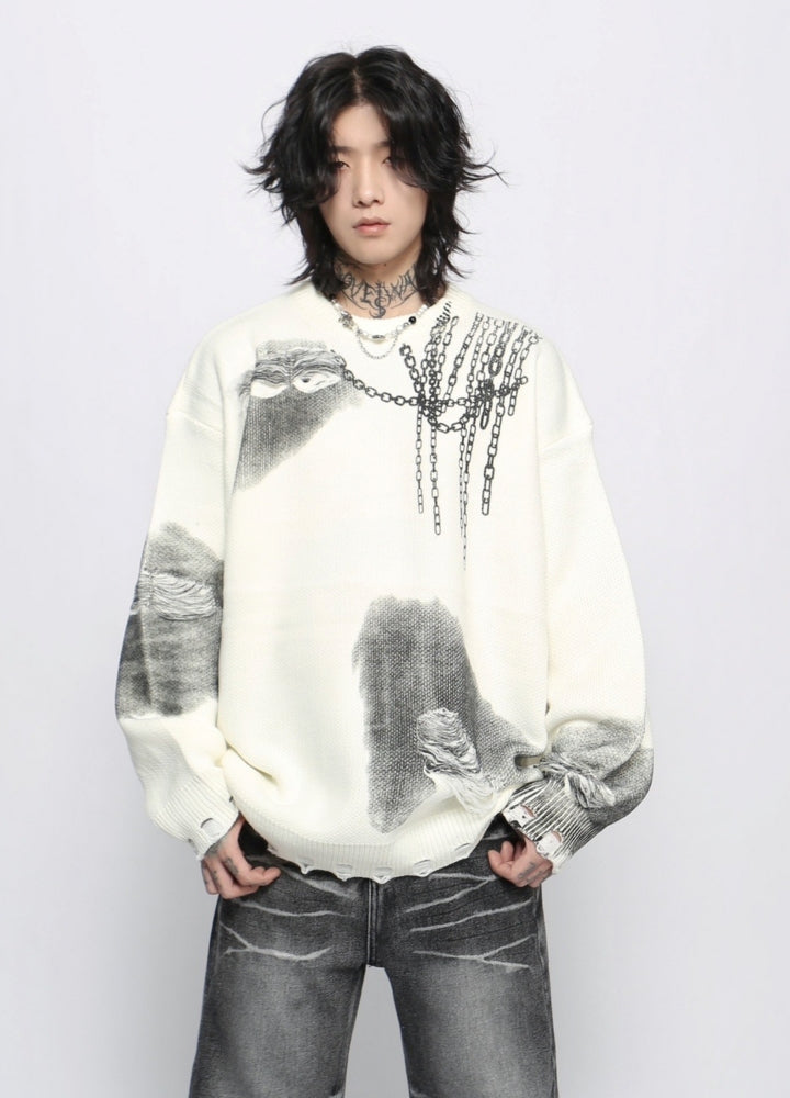 【Mz】Dark chain side design distressed knit sweater  MZ0052