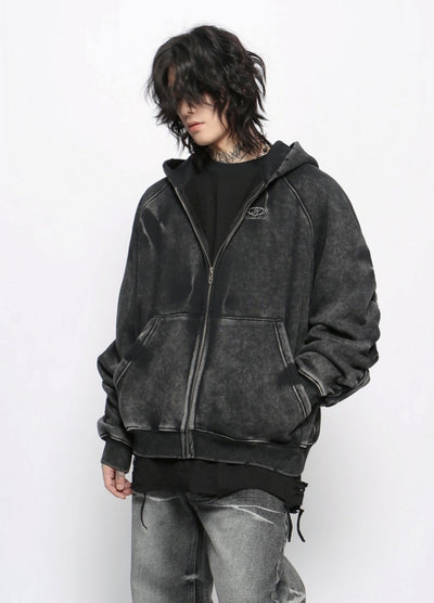 【Mz】Grunge washed dark color initial hoodie  MZ0058