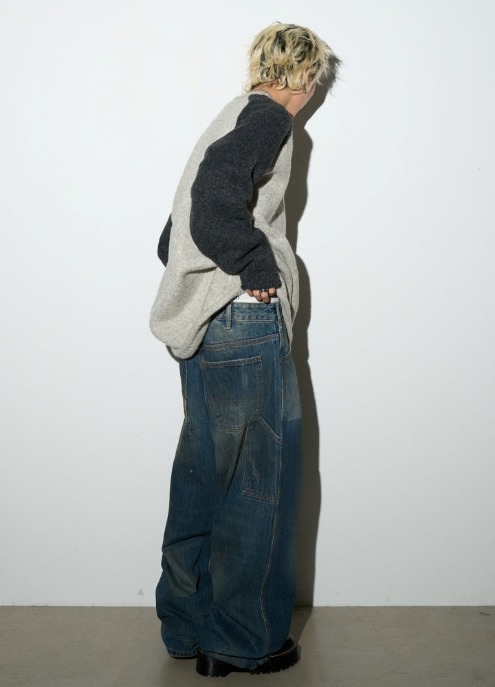 【MICHINNYON】Double base color dull wide silhouette denim pants  MY0027