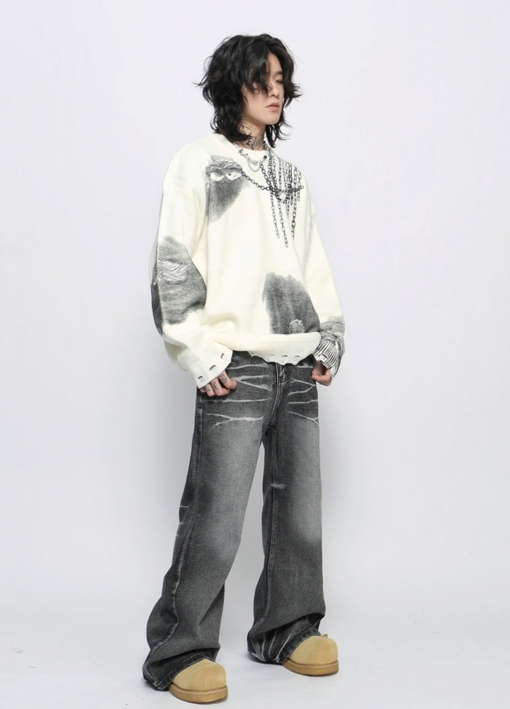 【Mz】Dark chain side design distressed knit sweater  MZ0052