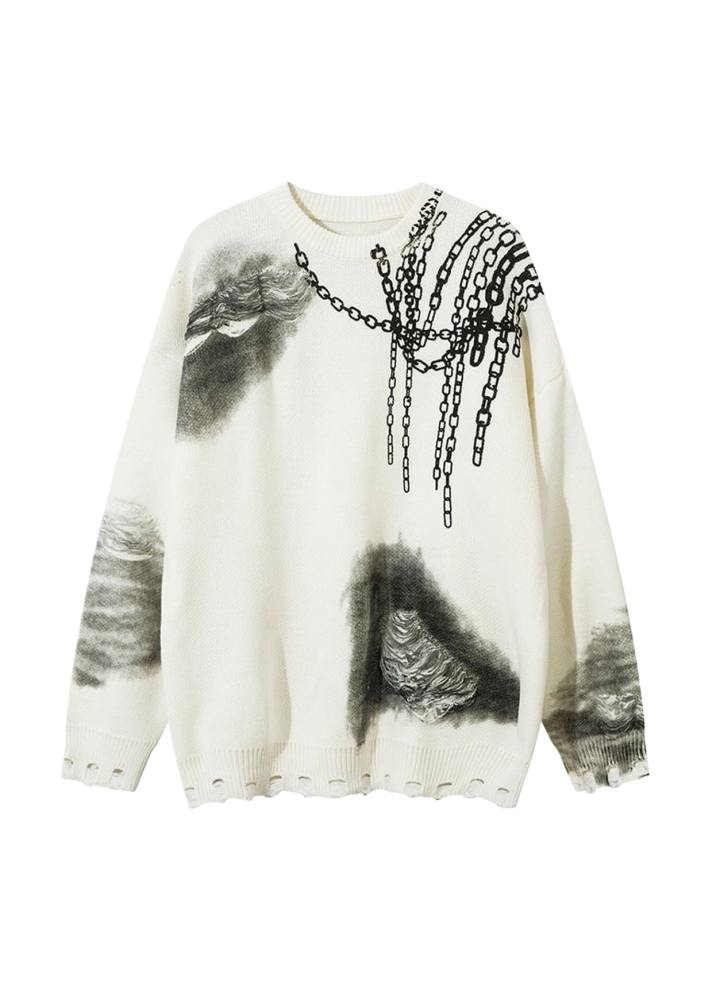 【Mz】Dark chain side design distressed knit sweater  MZ0052