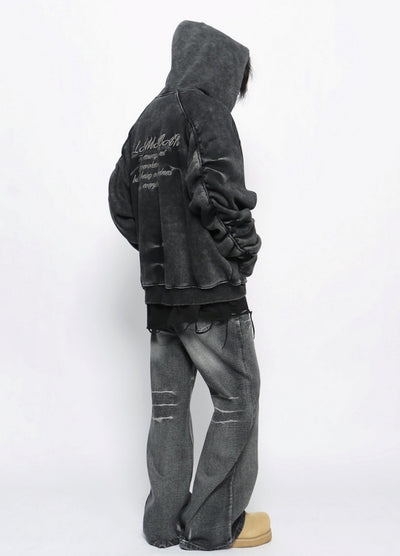 【Mz】Grunge washed dark color initial hoodie  MZ0058